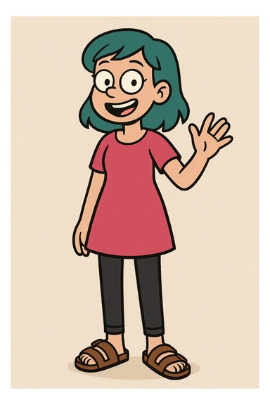 cartoon style girl with teal hair, wearing a hot pink dress, black jeans, and brown birkenstocks, cheerful sticker