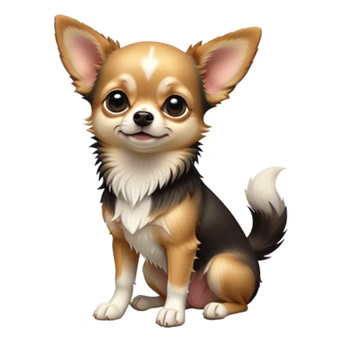 cinematic-[chihuahua dog]-realistic-full-body-sitting-emoji,-tail-resting-loosely-beside-its-paws,-head-tilted-dramatically,-scruffy-[black and tan and white]-fur,-simplified-yet-realistic-focused-features,-highly-detailed,-glowing-with-an-almost-sarcastic-glow sticker