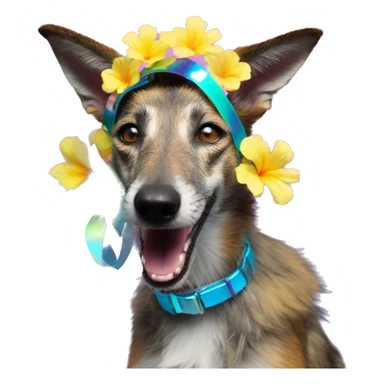  brindle fluffy lurcher Alsatian fox running blue eyes fluffy ears and iridescent holographic oilslick harness wearing paper iridescent tropical flower crown yellow caution tape neon sign sticker