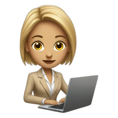 A girl in a beige business suit sits at a laptop sticker