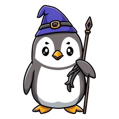 a penguin wizard with a staff and hat sticker