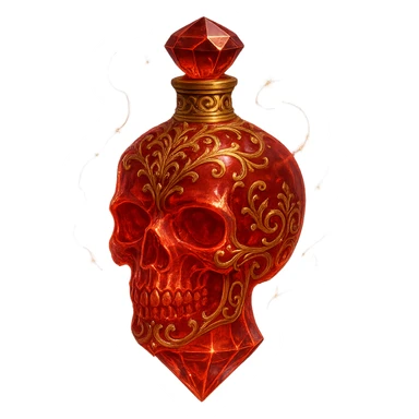 luxurious elixir bottle skull-shaped, red color, very small barely visible golden collar, lots of glowing, edges, light refractions, golden details, ornaments, magical effects, transparent background, beautiful connected bottom, bottle clearly floating in air, no base or shadow, premium class impression, design matches crystal luxurious magical bottle collection sticker
