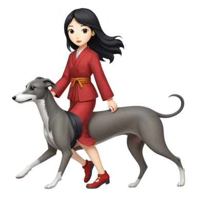 Japanese girl with flowing hair walking a grey greyhound sticker