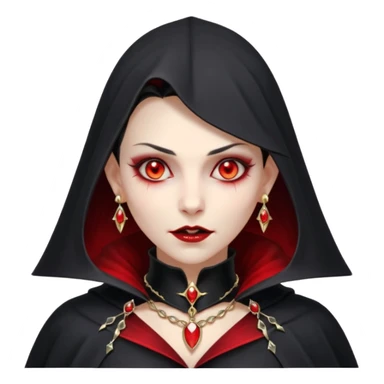 vampire village woman portrait, head and shoulders only, dark gothic cloak collar, sharp fangs, red glowing eyes, elegant yet eerie expression, subtle jewelry, 3D cartoon, mobile game icon style, clean background, no text, no watermark sticker