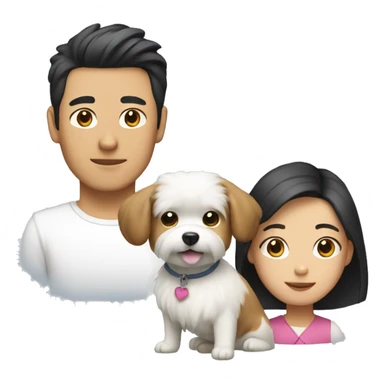an Asian couple (the guy's hair is long) with a small white fluffy dog sticker