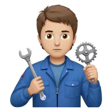 Calm and independent male technician, Caucasian features, short tousled brown hair, serious but composed expression, wearing a blue work jacket over a grey t-shirt, holding a wrench in one hand and a mechanical gear in the other, waist-up, front-facing sticker