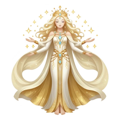 fullbody universe goddess Sophia, Ethereal Light Being, Made of starlight and fractals, Glowing white/gold skin with flowing translucent robes, Hair like galaxy mist, Jewelry made of stars and crystals sticker