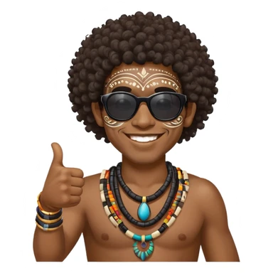 African Black tribal man with curly hair, traditional tribal face paint, wearing sunglasses, smiling, thumbs up sticker