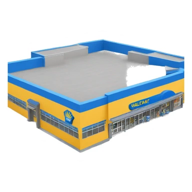 “Walmart store with a simple, recognizable design, featuring the iconic sunburst logo, blue and yellow color scheme, and storefront details that convey a large retail environment.” sticker