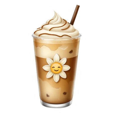 iced vanilla latte, glass with ice, vanilla flower garnish, soft highlights, no text, emoji style sticker