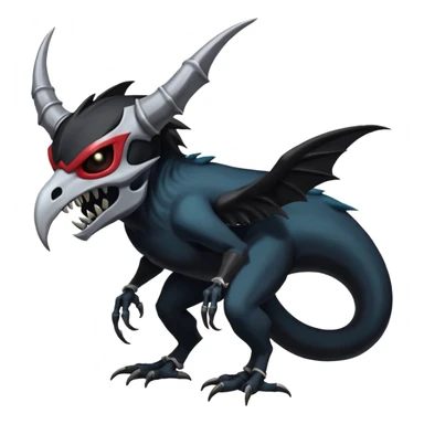 Shiny Dark Edgy  Duskull-Zoroark-Salandit-Inteleon-Amaura-Fakémon-hybrid-creature (full body) with a horned bird-skull-mask sticker