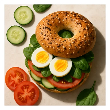 Pinterest-inspired bagel sandwich with eggs and fresh veggies inside, overhead food photography look, gentle shadows sticker
