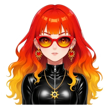 Beautiful gorgeous anime lady with beautiful fiery long warm-red-orange-yellow-gradient-wavy-special-hair, fashion aesthetic, slim red-tinted-sunglasses, accessories, gold jewelries, red-and-yellow sunny-pattern-eyes, black latex-suit, biker-woman, cool, badass, ahoge, gold necklace sticker