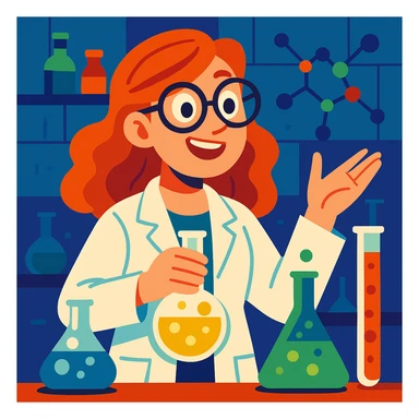 red-haired female chemistry professor wearing white lab coat and glasses, expressive illustration style, laboratory ambiance sticker