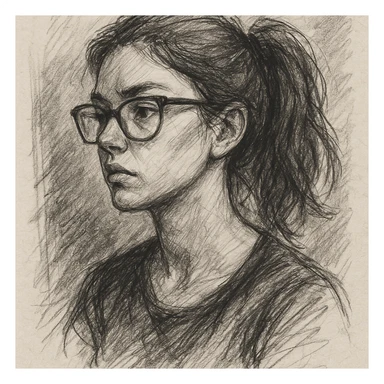 a woman with chestnut hair tied in a ponytail and black frame glasses, pencil sketch style sticker