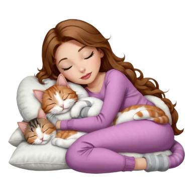 girl with long wavy brown hair, brown eyes, long lashes makeup, sexy pink lips, light to medium complexion,  sleeping on a cozy pillow, with 6 cats: 1 brown and white tabby cat, 1 ginger and white, 2 grey and white, 1 grey with white mittens and small white patch on chest and 1 calico, sleeping sticker