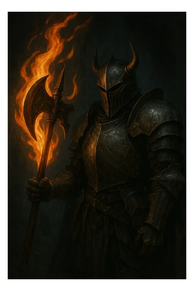 Make the flaming halbert super realistic, held by a scary, armored knight in a dark fantasy setting with dramatic lighting. Keep the background dark and moody, emphasizing realism and fantasy atmosphere. sticker