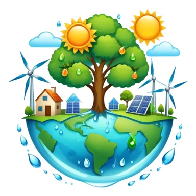 An icon featuring a green Earth, a tree, recycling symbols, and renewable energy sources like wind turbines, solar panels, and hydropower. The design includes animals, water droplets, and the sun, representing ecology, sustainable energy, and environmental protection. Transparent background. sticker