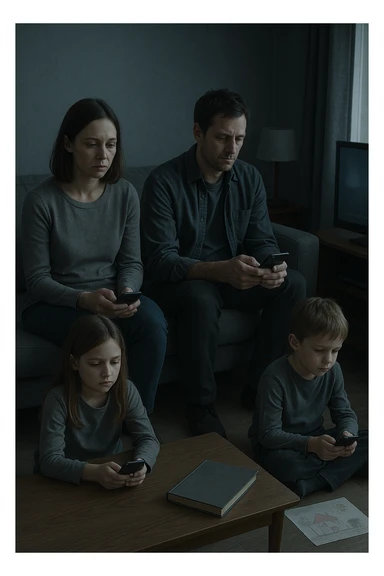 Famiglia composta da padre, madre e uno o due figli seduti nello stesso ambiente domestico (salotto o tavola da pranzo), ma ciascuno è assorto nei propri pensieri, con espressioni spente e distaccate. Nessuno si guarda o sorride. I colori dell’ambiente sono freddi e grigi, la luce è debole. Intorno a loro, simboli di disconnessione: telefoni in mano, TV accesa ma ignorata, silenzio. L’atmosfera è visivamente carente di calore emotivo. Nessun contatto fisico, postura rigida. Un dettaglio visivo come un album di foto chiuso sul tavolo o un disegno dei figli dimenticato sul pavimento accentua la mancanza di dolcezza e unione sticker