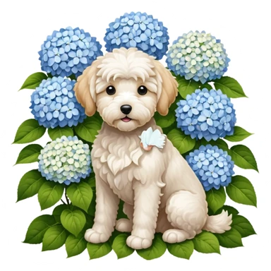 A golden doodle and white Maltese sitting in front of a bush of hydrangeas sticker