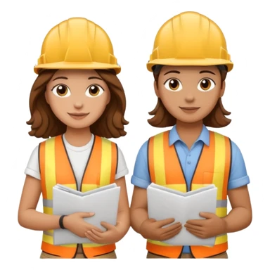 a couple holding hands, boyfriend with short brown hair, girlfriend with long brown curls, both wearing construction helmets and holding construction plans, emoji style sticker