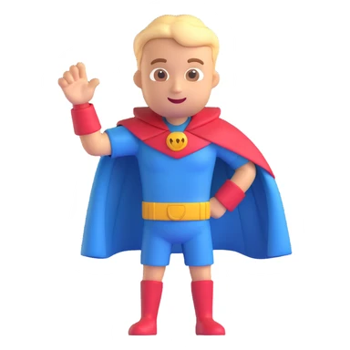 3D emoji-style character with a cape, striking a heroic pose, vibrant and friendly sticker