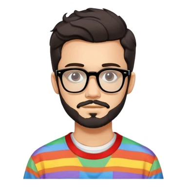 young adult man with light skin, short beard, dark wavy hair, relaxed expression, very wide rectangular glasses with thick black acetate frame and thick double bridge, retro oversized style, colorful open shirt and white t-shirt sticker