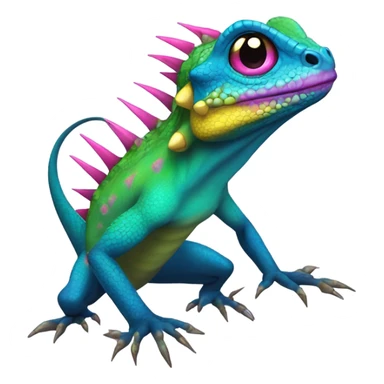 green and blue lizard with yellow underbelly, pink-purple spikes on back and back of head, pink-purple tongue sticking out of mouth, and yellow eyes with blue and black color sticker