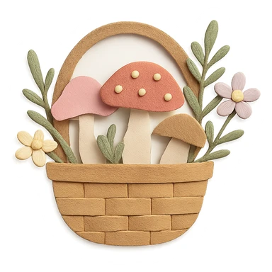 basket full of forest goodies with mushrooms, herbs, flowers in soft pastel colors, paper-craft style sticker
