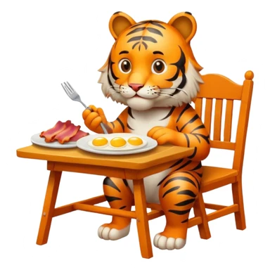 Tiger sitting by a table on a chair, with a plate of eggs and bacon in front of him on the table sticker