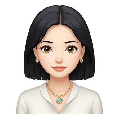 Hair: Shoulder-length black hair with face-framing layers Face: Soft double eyelids, "professional smile" with closed lips Clothes: Crisp white blouse with statement necklace Action: Adjusting ring light for Zoom meeting background sticker