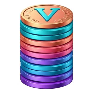 Stack of coins in gradient of turquoise, blue, pink, purple, and coral color with V letter sticker
