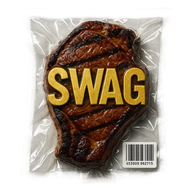 grilled steak with bold gold 'SWAG' letters, glossy vacuum-sealed style sticker