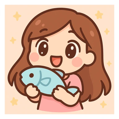 twitch emote of a cute cartoon girl with long brown hair holding a fish, digital art, bold outlines, exaggerated features, energetic pose sticker