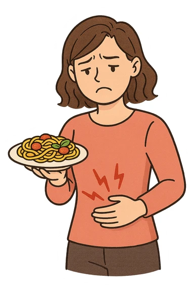 DONNA CON PIATTO DI PASTA IN MANO E MAL DI PANCIA, FA FATICA A DIGERIRE sticker