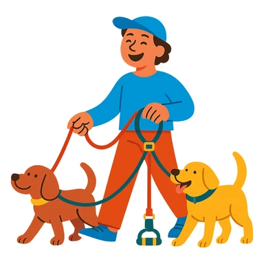 happy person walking two dogs with organized leashes, multifunctional dog walking collar, feeling of tranquility and order, vibrant and friendly style sticker