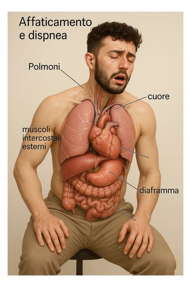 Uomo con stanchezza e respiro corto vista anatomica immagine realistica in 3D in italiano sticker