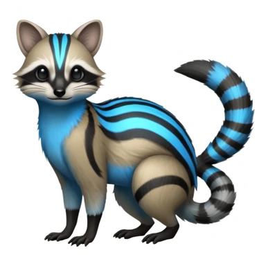 White and blue and grey and black neon glowing bioluminescent Genet-Numbat-Cacomistl-Tamarin-Tanuki-fusion-hybrid (full body) sticker