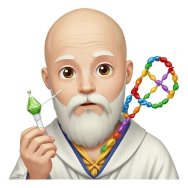 completely bald guy, with a long, white wizard beard tied down in a hair tie, eating a strand of dna sticker