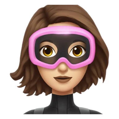woman with brown eyes, large and long straight brown hair, pink diving mask with a single crystal. underwater black suit sticker