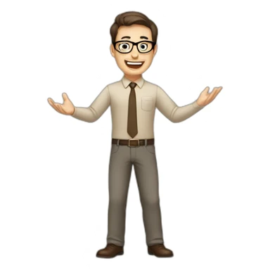 To belt Actively gesturing with hands Pale skinned fit man with dark brown hair in gray jacket, beige office shirt, brown tie, brown pants and vintage glasses. sticker