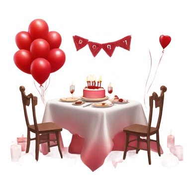 Red romantic party setting for two people and heart balloon  table with white cloth and candle with bows on the table and white Korean cake sticker