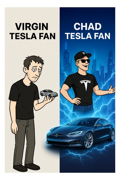 make virgin vs chad meme on tesla fan sticker