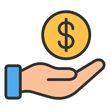 a hand with a coin and a dollar symbol, representing budget-friendly or affordable options, straightforward design sticker