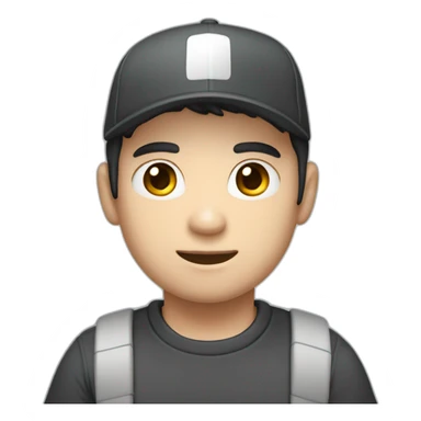 Pale skinned Man with black hair in a white cap and dark gray polo T-shirt keeping a box into his hands sticker