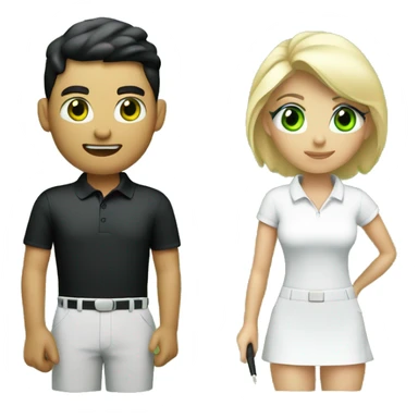 Blond white men green eye wearing white golf outfit and black hair brown eye woman wearing black golf outfit playing golf. sticker