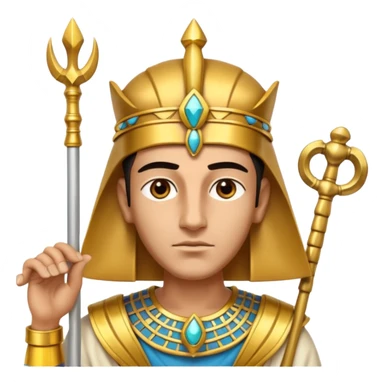 A regal pharaoh with golden headdress, calm stern eyes, and holding a crook and flail with authority.
 sticker