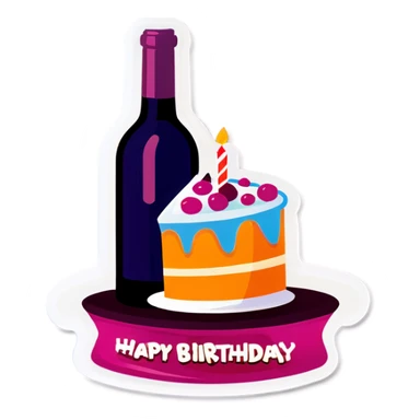 White glass of wine with bottle and birthday cake sticker