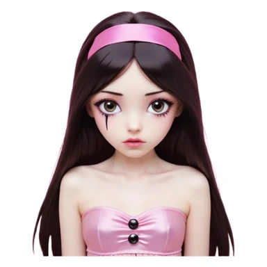 girl with white skin, dark brown long straight hair falling in front of her body, pouty shiny lips without cupid's bow, shiny large eyes with black eyeballs and long eyelashes, lighter button nose, very long oval-shaped face, wearing a pink bandeau top with straight neckline, looking directly at camera with hands down at sides sticker
