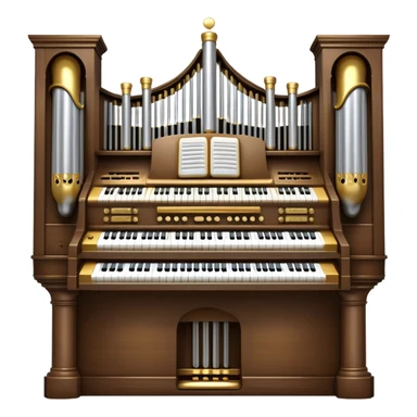 Create an elegant and majestic emoji representing a classical church organ. The emoji should feature the grand pipes of the organ in the background, with visible details of the keys and pedalboard in the foreground. The pipes should be tall and impressive, with a mixture of gold, silver, and metallic shades to emphasize the grandeur of the instrument. The keyboard and pedals should be well-defined, capturing the intricate craftsmanship of the organ. Use dark wood tones and gold accents for the body of the instrument to give it a rich, historic feel. Add subtle musical notes around the organ to evoke its deep, resonant sound. The background should be transparent. sticker